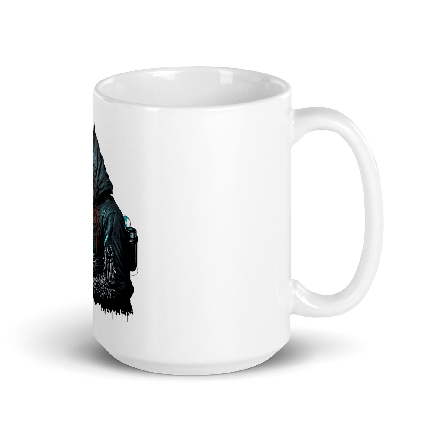White glossy mug with wolf-hacker, programmer
