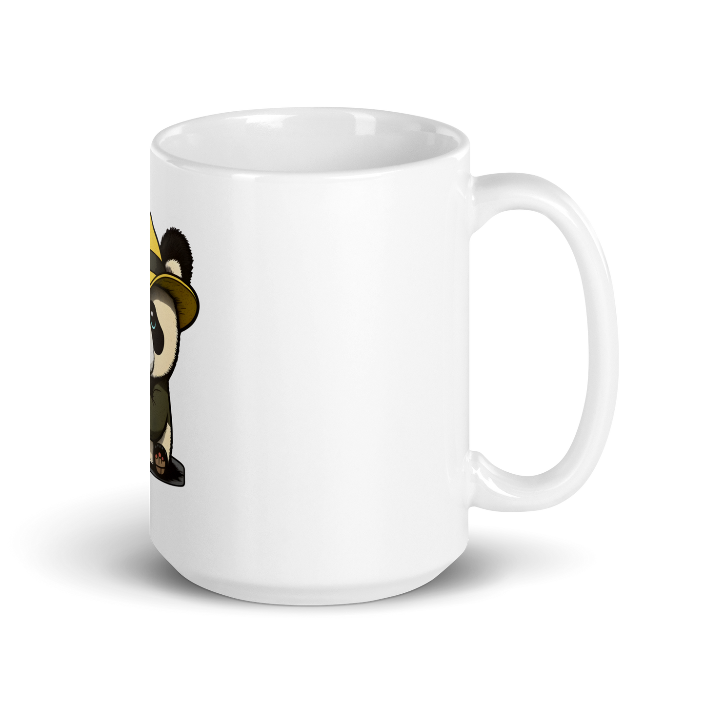 White glossy mug with cute panda in the hat