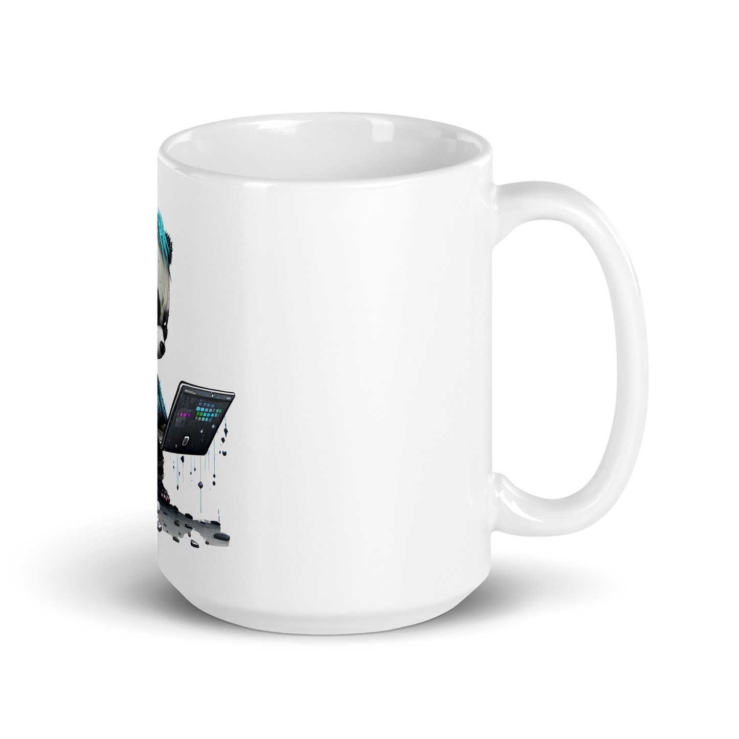 White glossy mug with panda-programmer, coder