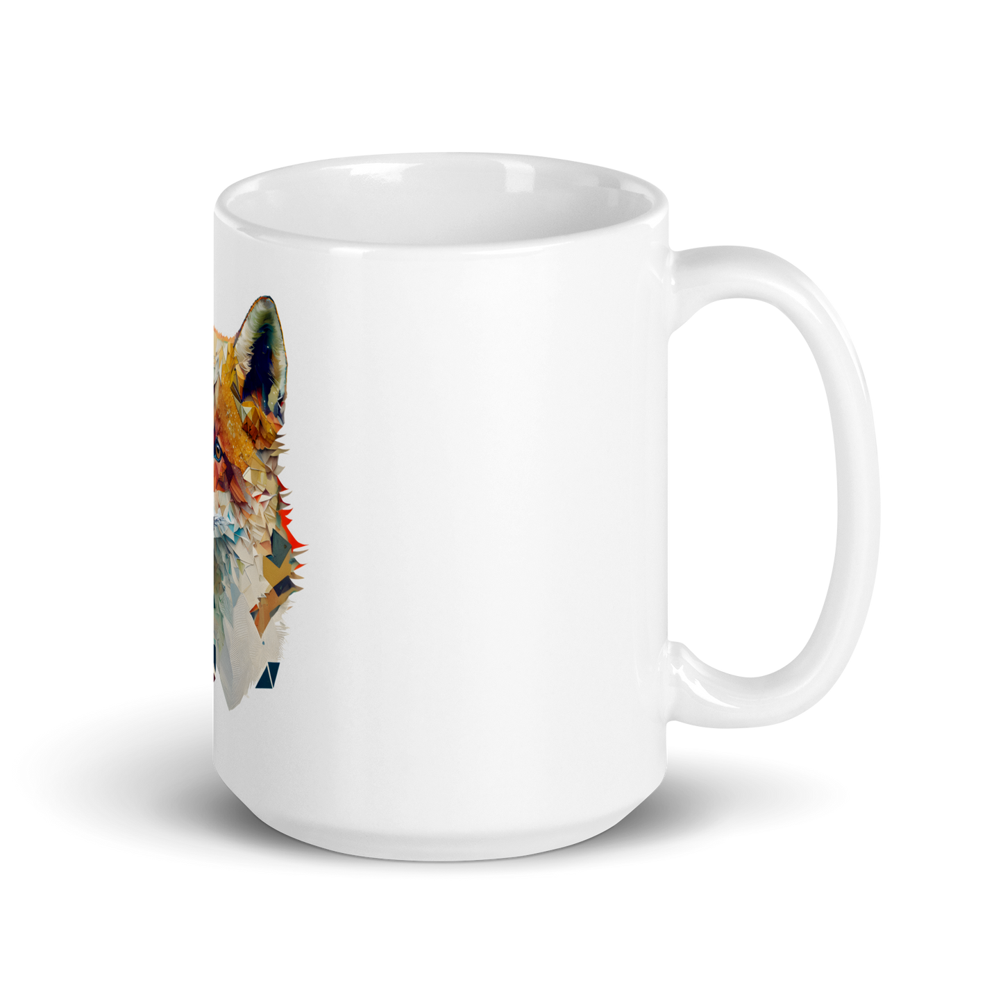 White glossy mug with fox in patchwork style