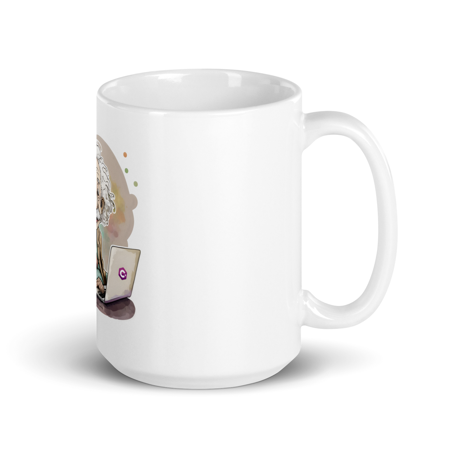 White glossy mug with happy Einstein-programmer