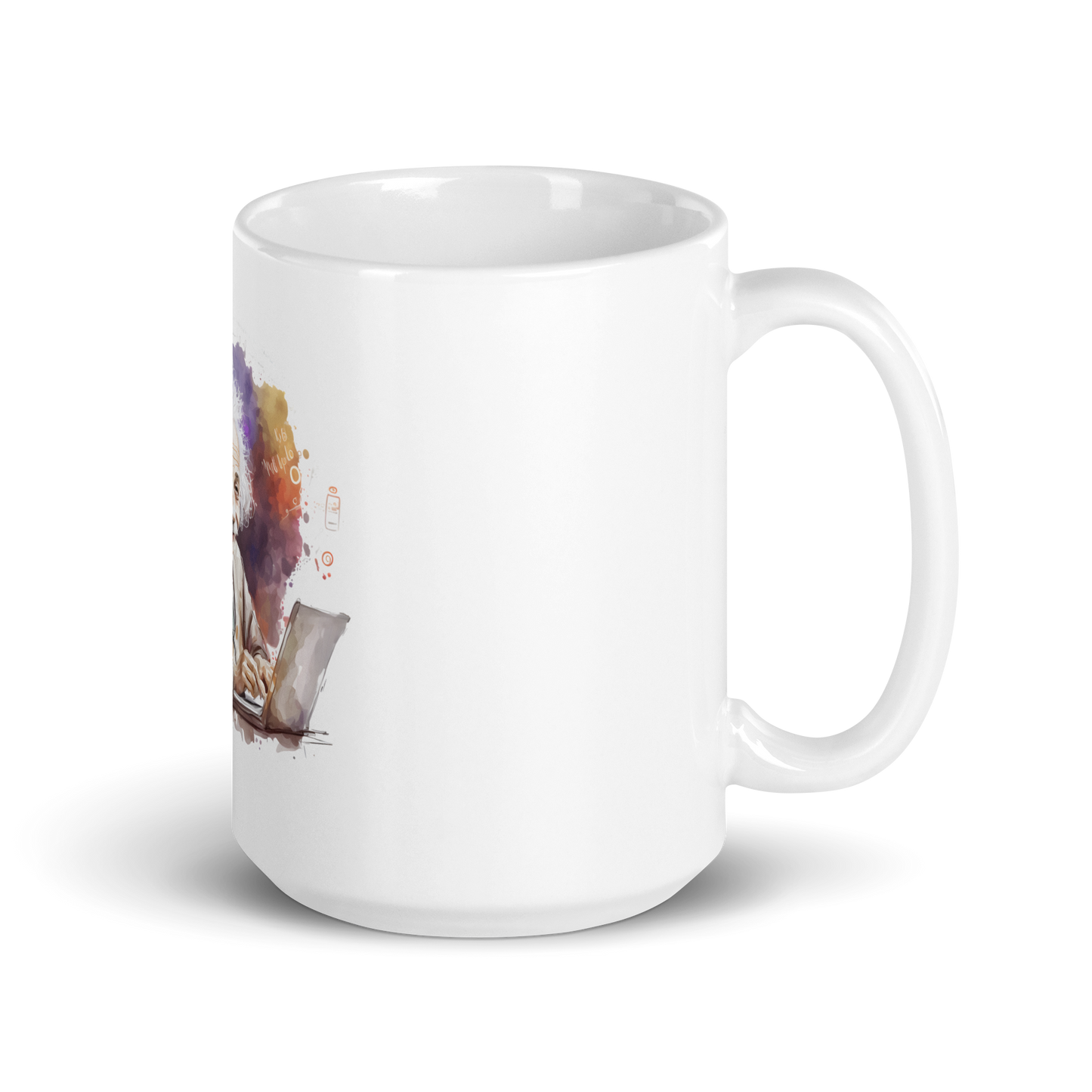 White glossy mug with happy Einstein-programmer
